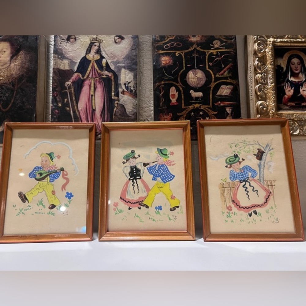 Euro Folk Art Framed Paintings Vintage